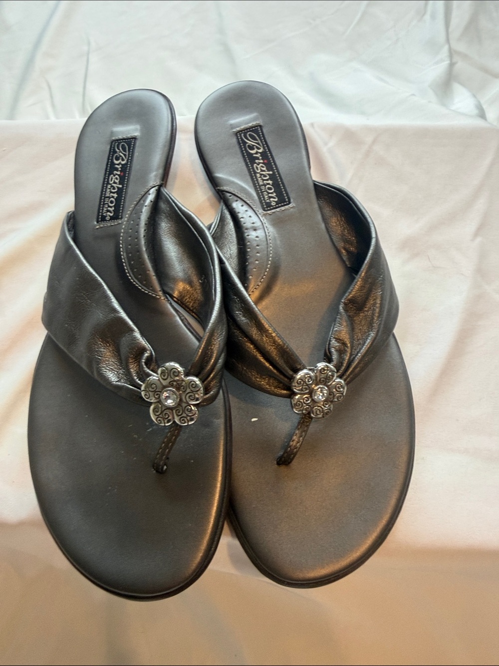 Brighton Black Leather Thong Sandals with Floral Medallions